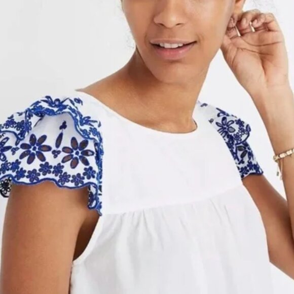 NWT MADEWELL sz 0 White Blue Embroidered Story Peasant Blouse Top retail $88 - Picture 5 of 14